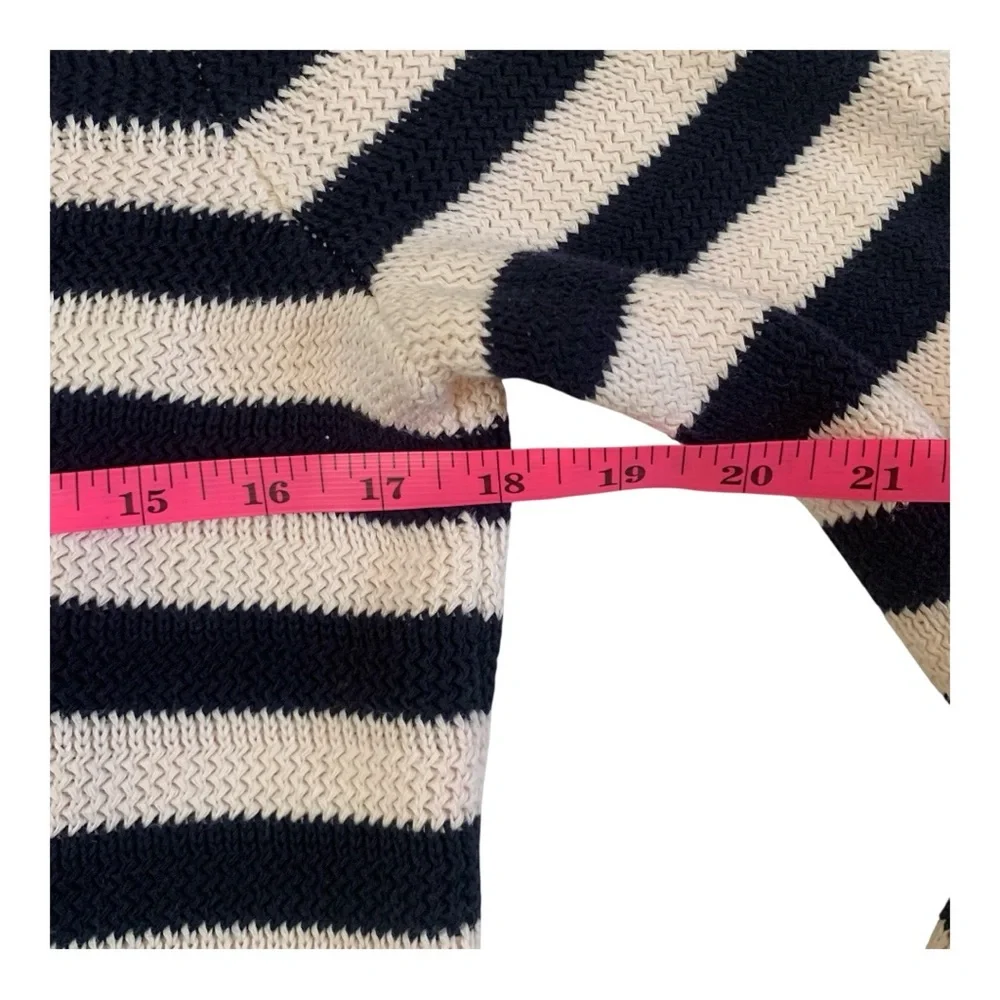 Talbots Navy Ivory Striped V-Neck Cotton Blend Sweater Hood Pull-Over Size MP‎